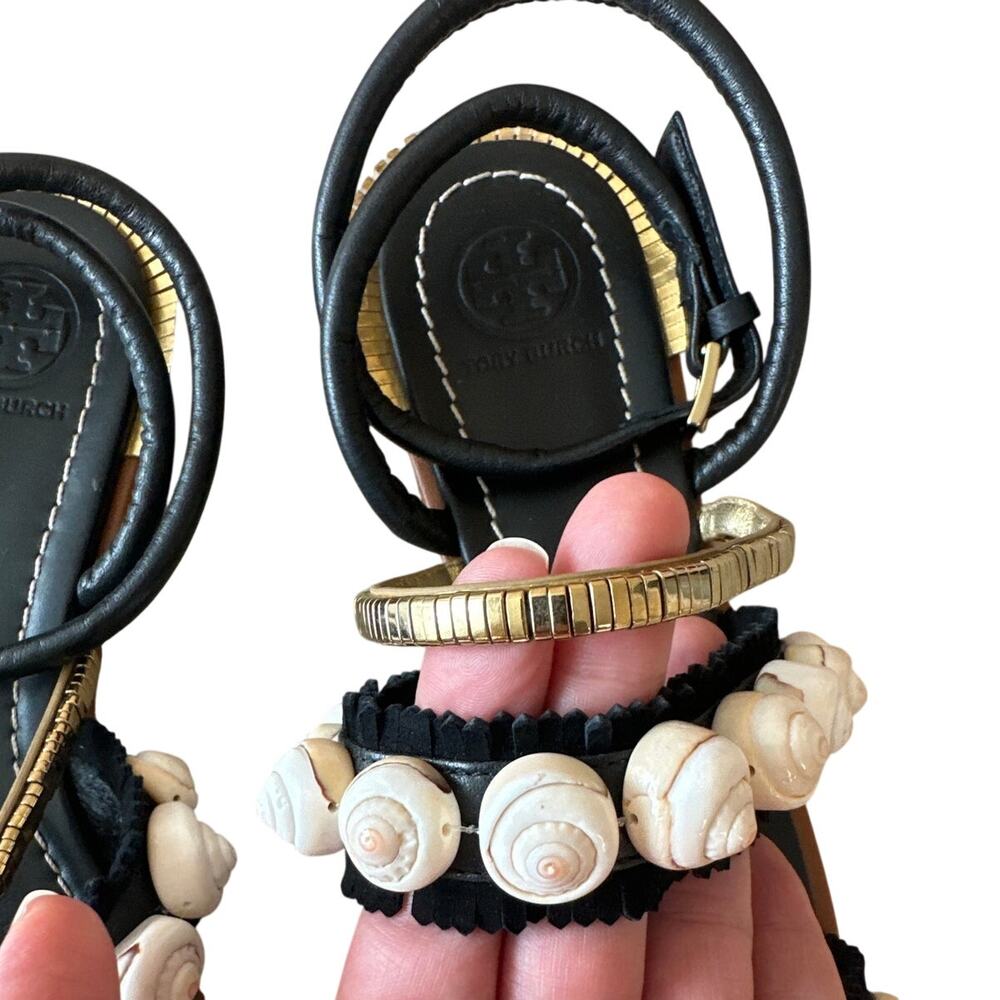Tory Burch Sinclair Sandals Black Gold Seashell Flat 7.5 - Picture 8 of 11